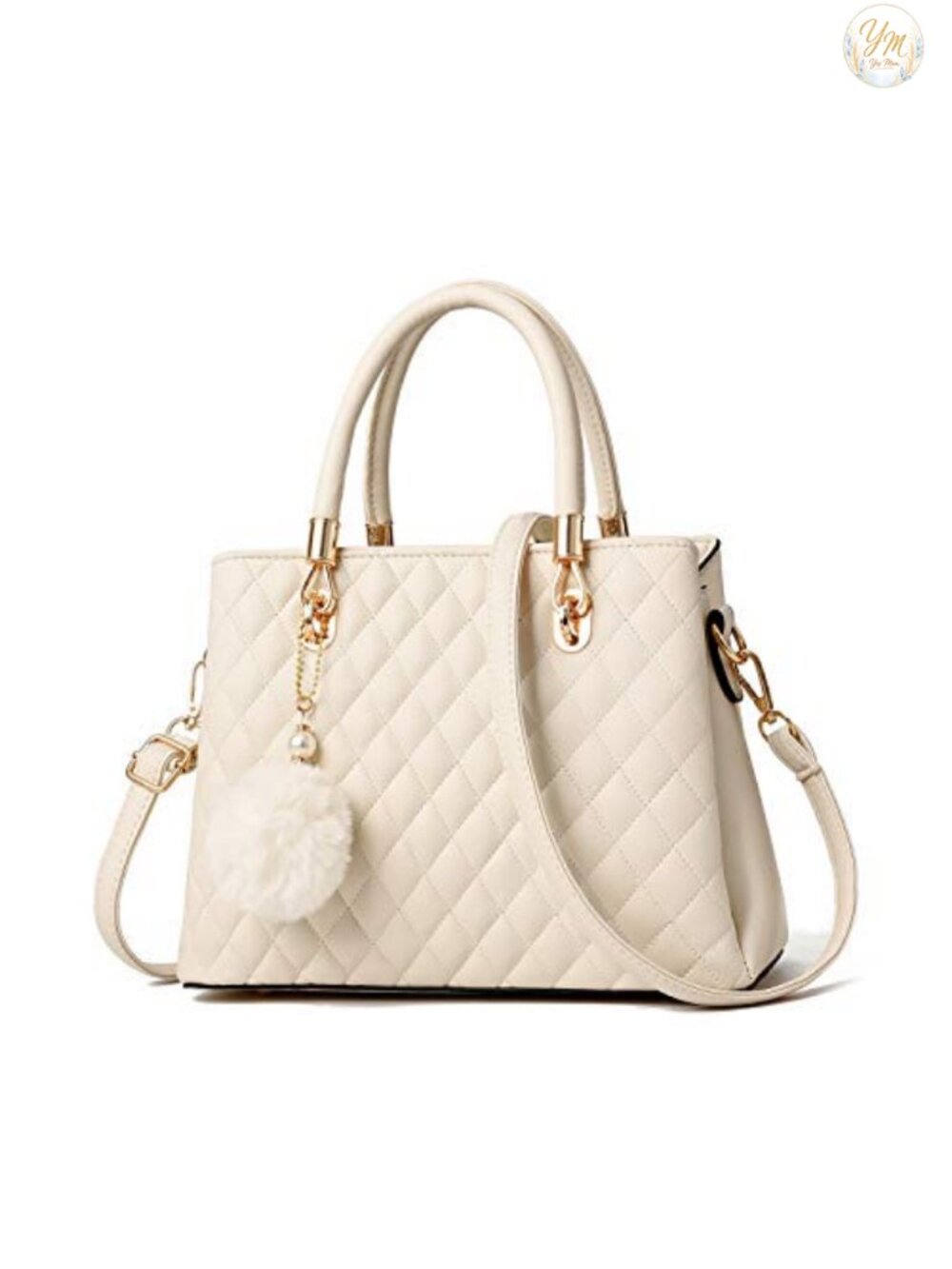 PU Leather Satchel Top-Handle Handbag with Pompon Adjustable Strap